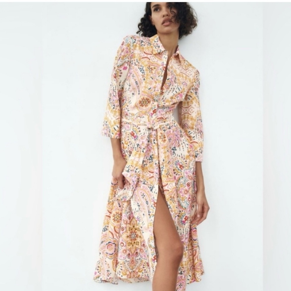 New Zara shirt 3/4 sleeves Button Down Dress size XS no belt
